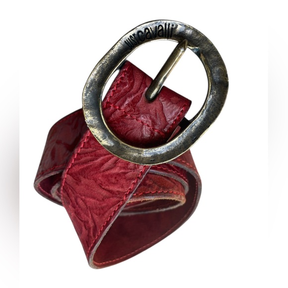 Just CAVALLI Red Tooled Leather Wide Belt Large Signature Buckle Italy Unisex